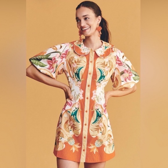 FARM Rio Dresses & Skirts - Farm Rio Talita Floral Puff Sleeve Mini Dress Orange Button Front XS NEW